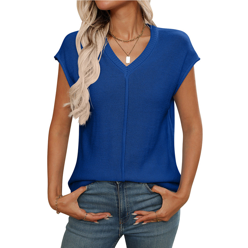 2025 summer new  European and American women's clothing  women's V-neck top knitted thick needle casual sweater