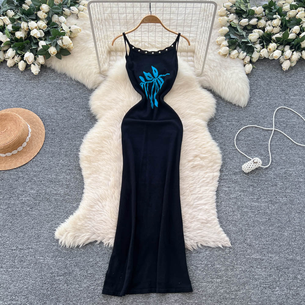 Celebrity heavy industry beading halter suspender backless dress women's summer silmslimming lookelegant hot girl knitting long dress