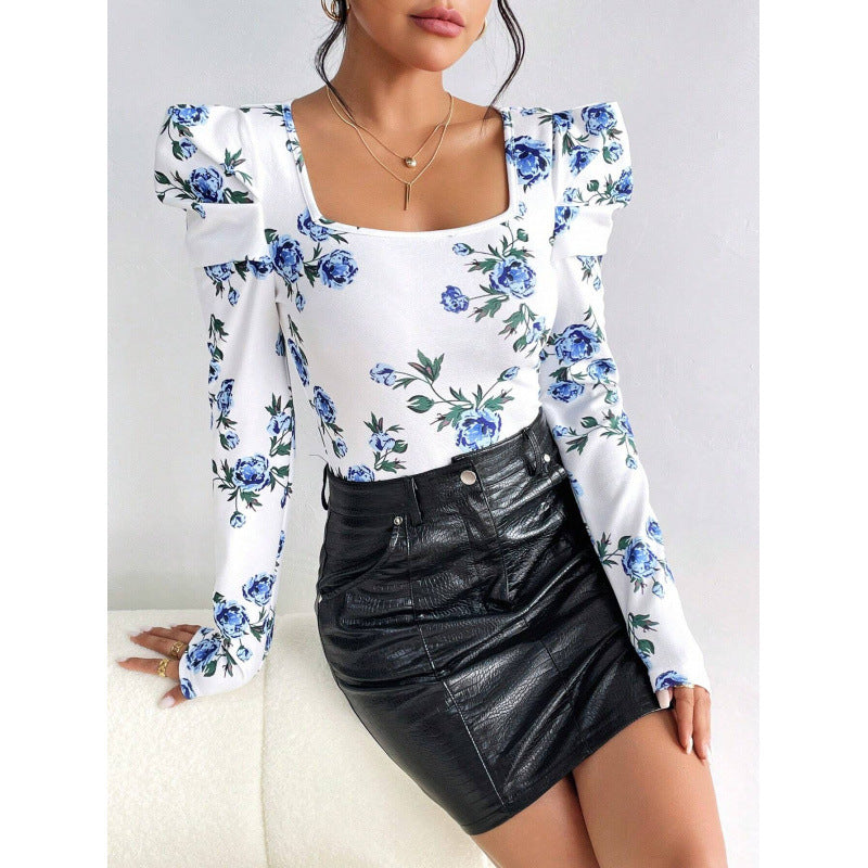 Women's floral print square neck puff sleeve top - long sleeve slim fit blouse, perfect for everyday wear and parties