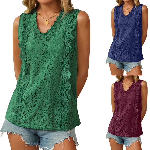 Cross-border European and American  women's clothing 2023 summer new  lace vest V-neck sleeveless top