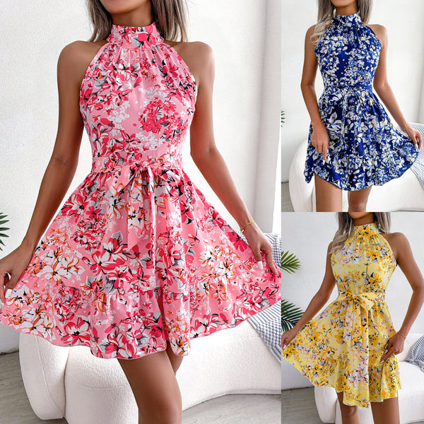 Internet celebrities real spring and summer new temperament lace-up lotus leaf edge pendulum floral dress, independent station  women's clothing