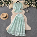 French chic lace bubble sleeve top & high-waisted midi skirt two-piece set -  summer slimming outfit