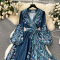 2024 early spring new french chic one-piece tie-waist printed dress - women's luxury elegant maxi dress