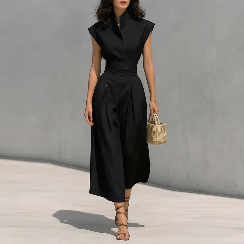 women's summer new arrivals:  cross-border fashion - european & american style, elegant solid color, cinched waist, flutter sleeve dress