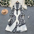 High-end elegant women's dress  new french style tie-waist lantern sleeve placement print pleated maxi dress