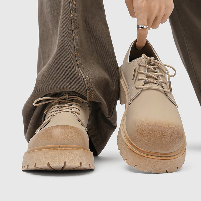 Derby shoes 2026 new spring low ankle boots men's retro workwear shoes thick sole heightened mickey casual leather shoes