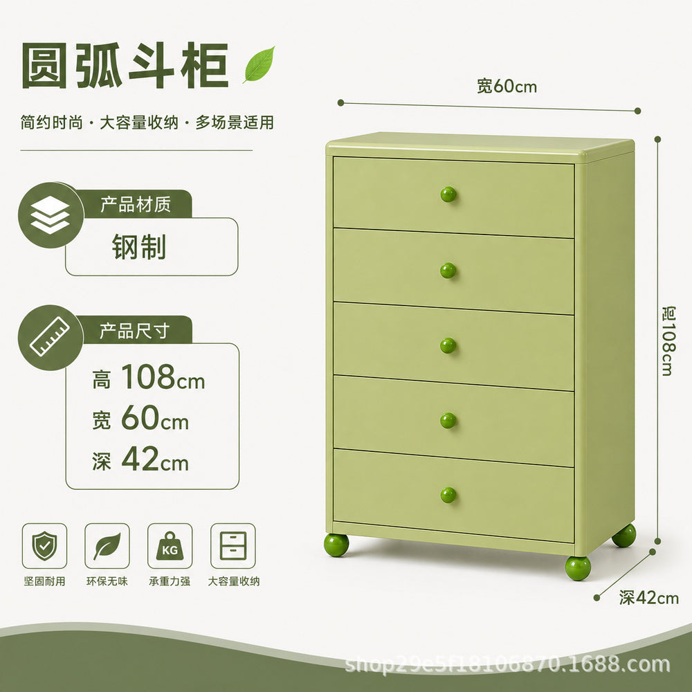new steel low cabinet with rounded corners, freestanding five-drawer unit, wall-mounted integrated storage cabinet, kids' organizer