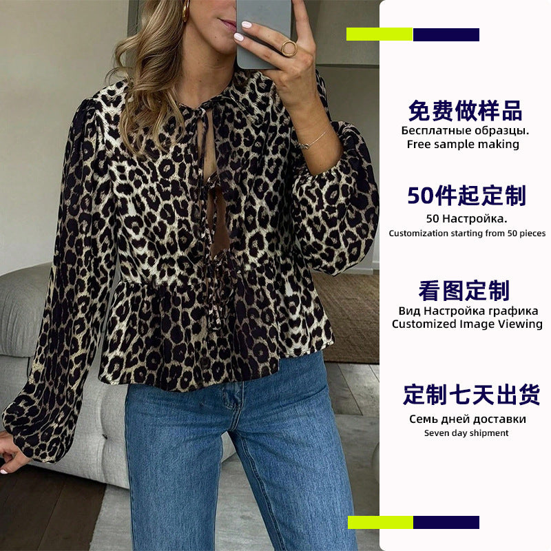 Customized  European and American temperament sexy leopard print long-sleeved shirt spring and autumn shirt cardigan female contractor package material processing