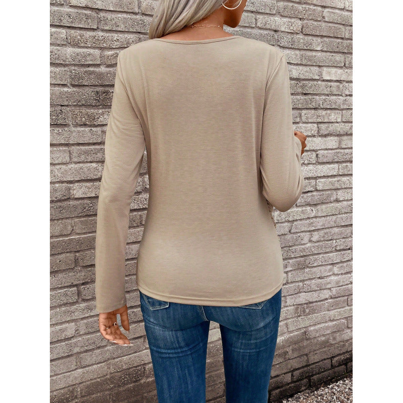 women's button-front long sleeve top - round neck ruched casual tee