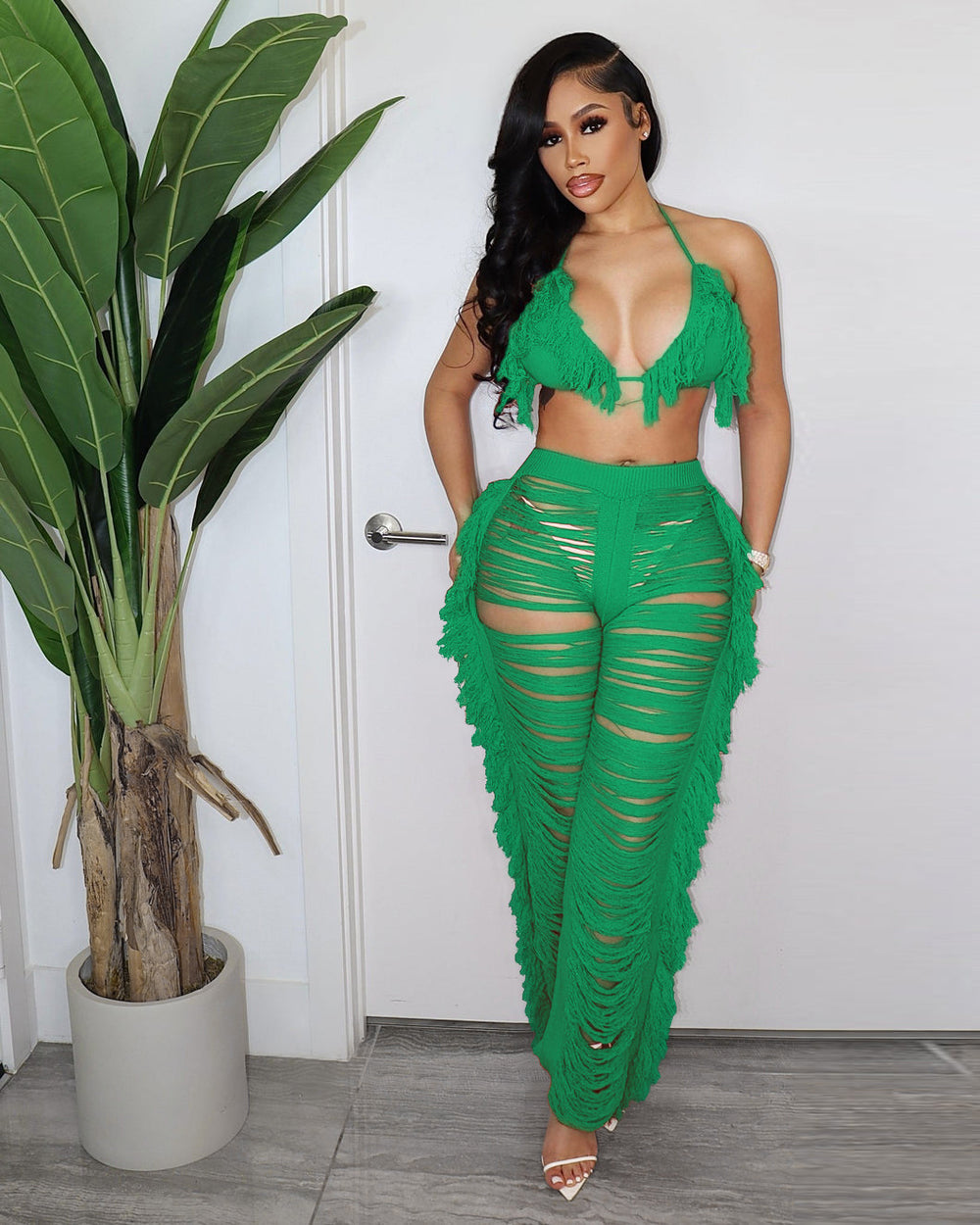 Source factory  summer new european and american style sexy tassel knit pant set
