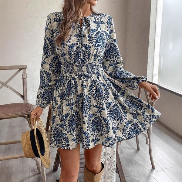VCAY Women's Vacation Plant Print Neckline Lantern Sleeve Elegant Mini Dress, Autumn and Winter,