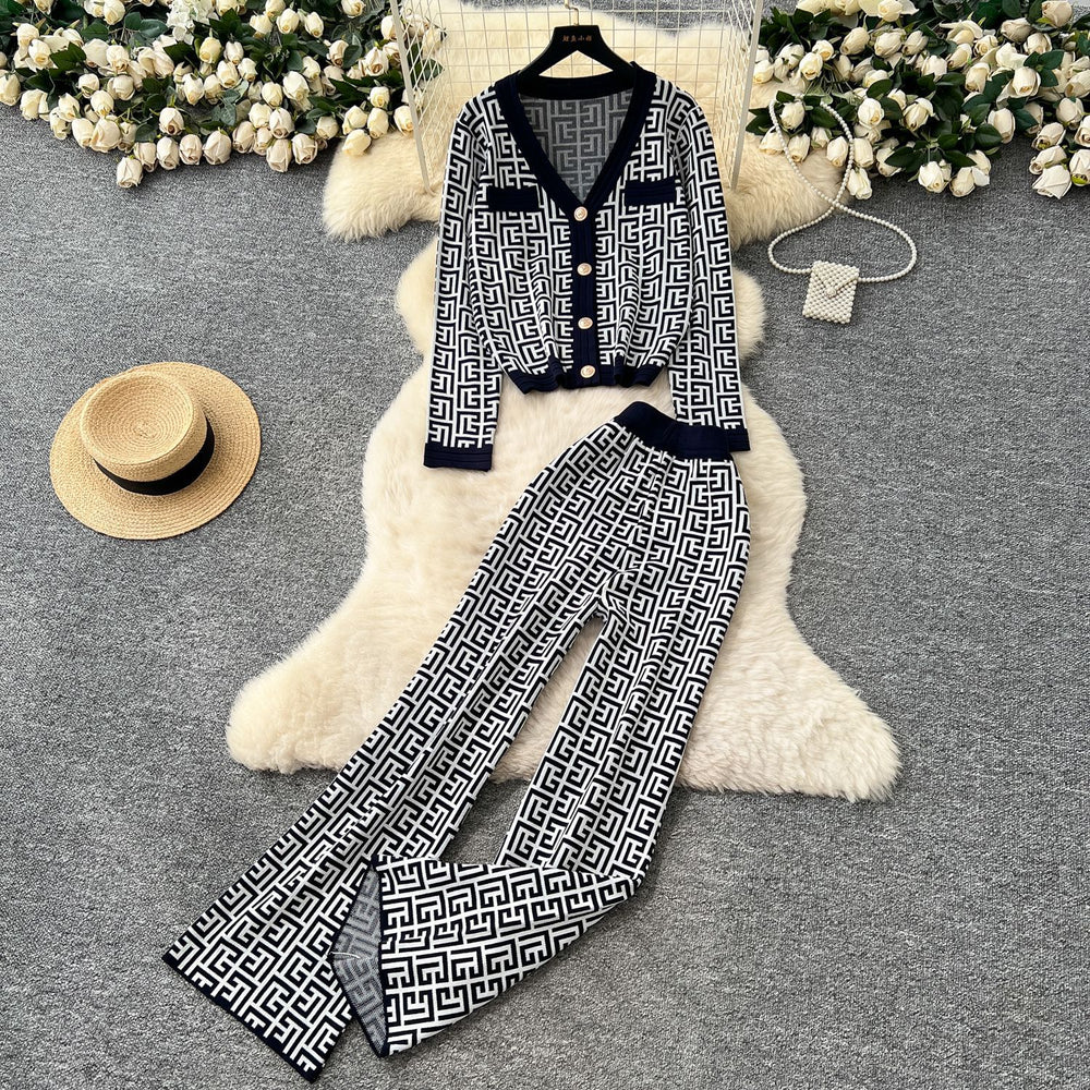 European and american chic women's autumn outfit: high-end v-neck long sleeve geometric print knit cardigan with high-waisted pants