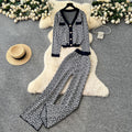 European and american chic women's autumn outfit: high-end v-neck long sleeve geometric print knit cardigan with high-waisted pants