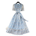 Korean style pink lace hollow-out short sleeve dress - women's summer high-waisted a-line dress - commute-friendly, elegant, and slimming