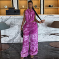 European and american style foreign trade color block women's loose pleated printed pants set, swing neck summer outdoor long two-piece outfit