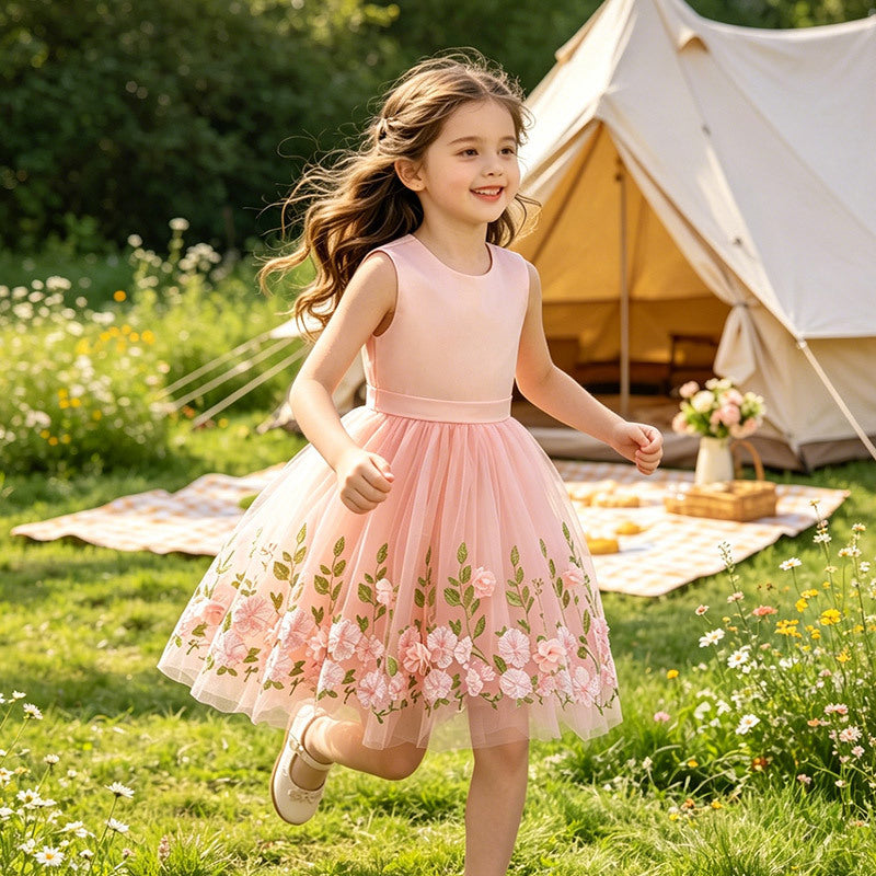 Girls' summer dress  new style tank dress children's heavily embroidered butterfly floral princess dress summer cross-border