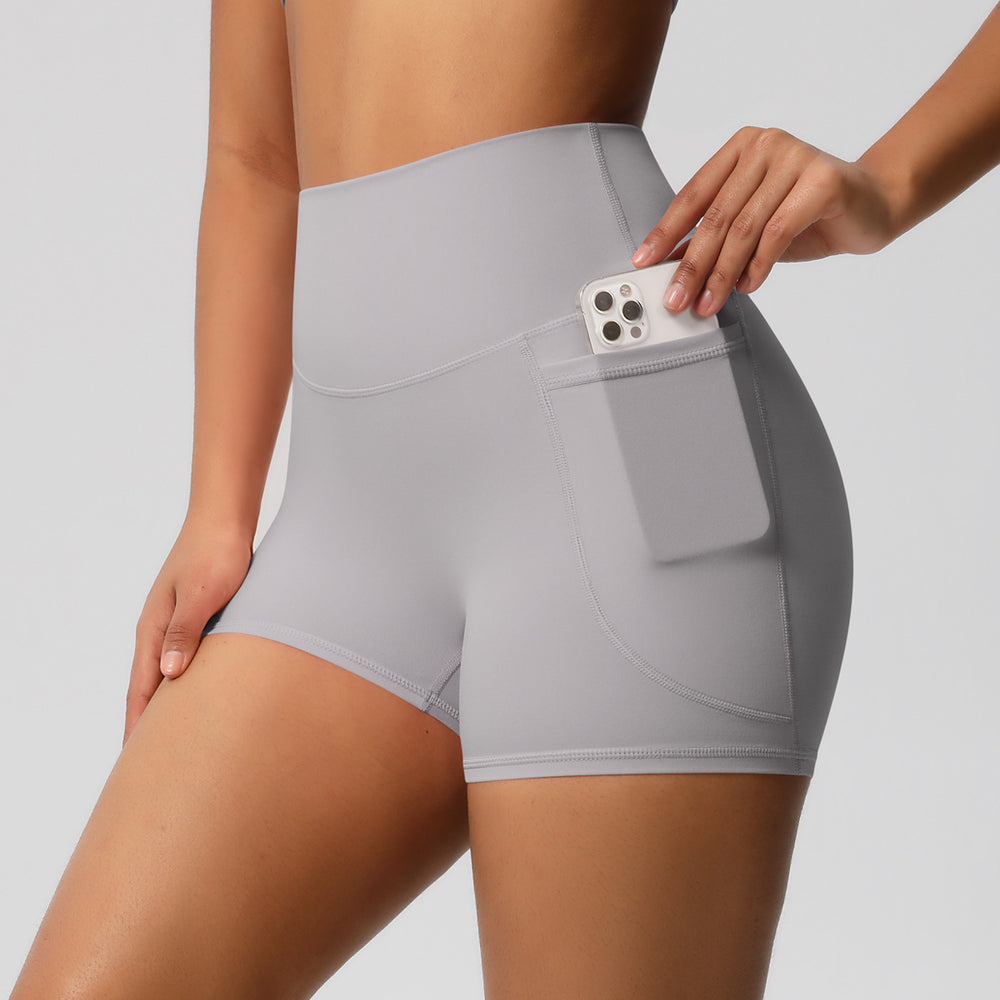 fashion brushed pure colorflap pocket pants high waist tight high elastic yoga shorts sports running fitness three-quarter pants for women