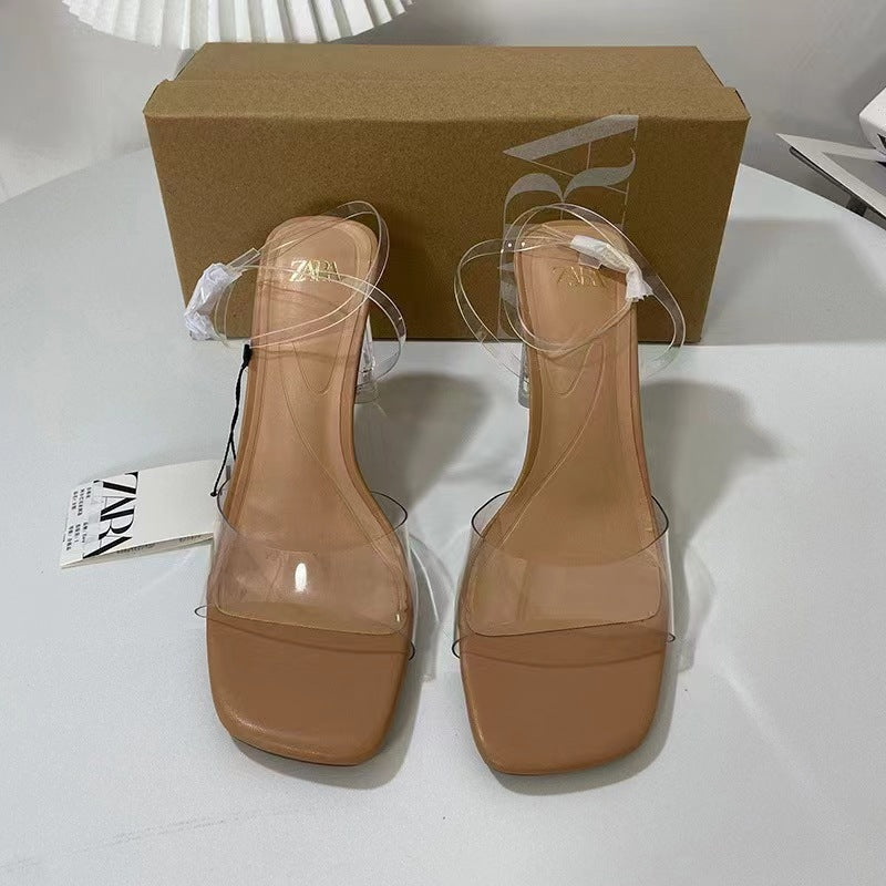 Spain 2024 summer new arrival: versatile french-style open-toe rhinestone stiletto transparent sandals & slippers for women