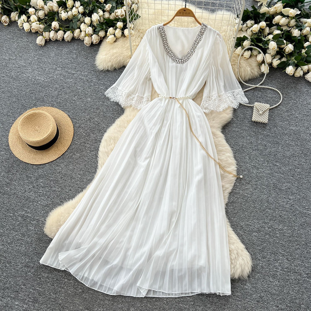 French-style embellished v-neck lace patchwork midi dress with ruched detail and tie-waist – women's loose-fit maxi dress