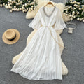 French-style embellished v-neck lace patchwork midi dress with ruched detail and tie-waist – women's loose-fit maxi dress