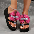 plus size summer new thick sole wedge toe slippers women's fashion rhinestone bow beach vacation sandals
