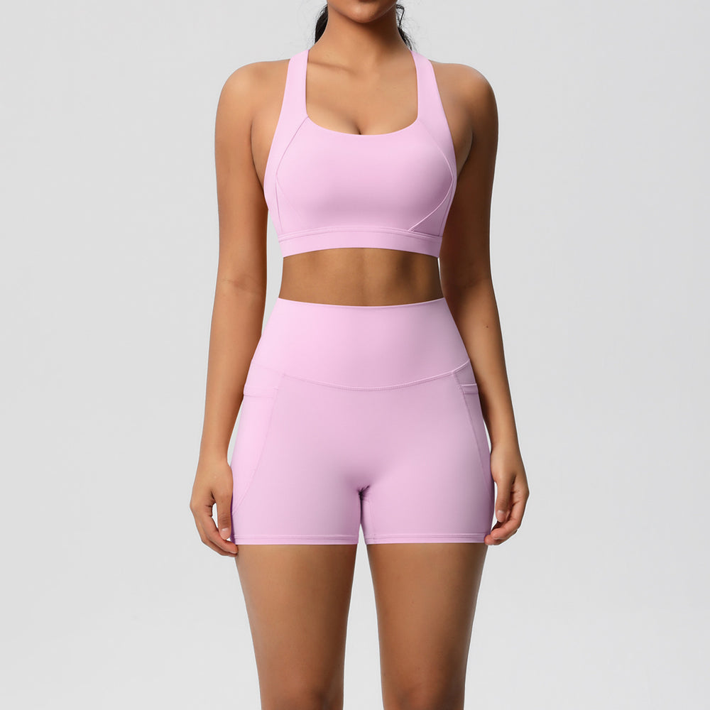 European and american cross-border double-sided brushed sports bra and pocket shorts set - pilates, running, fitness, and yoga apparel