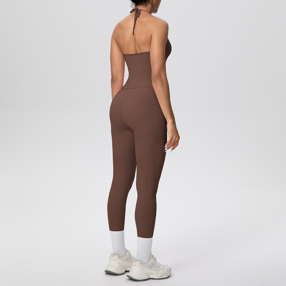 pure color brushed beautiful back tight strap halterflap pocket pants yoga suit sports running fitness two-piece set