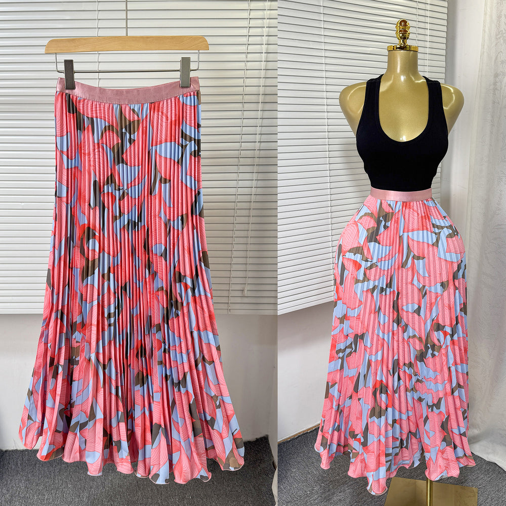 Exportsweeteasiest for matchpleated skirt large swing printing skirt women's frenchhigh waista-line medium long pleated skirt