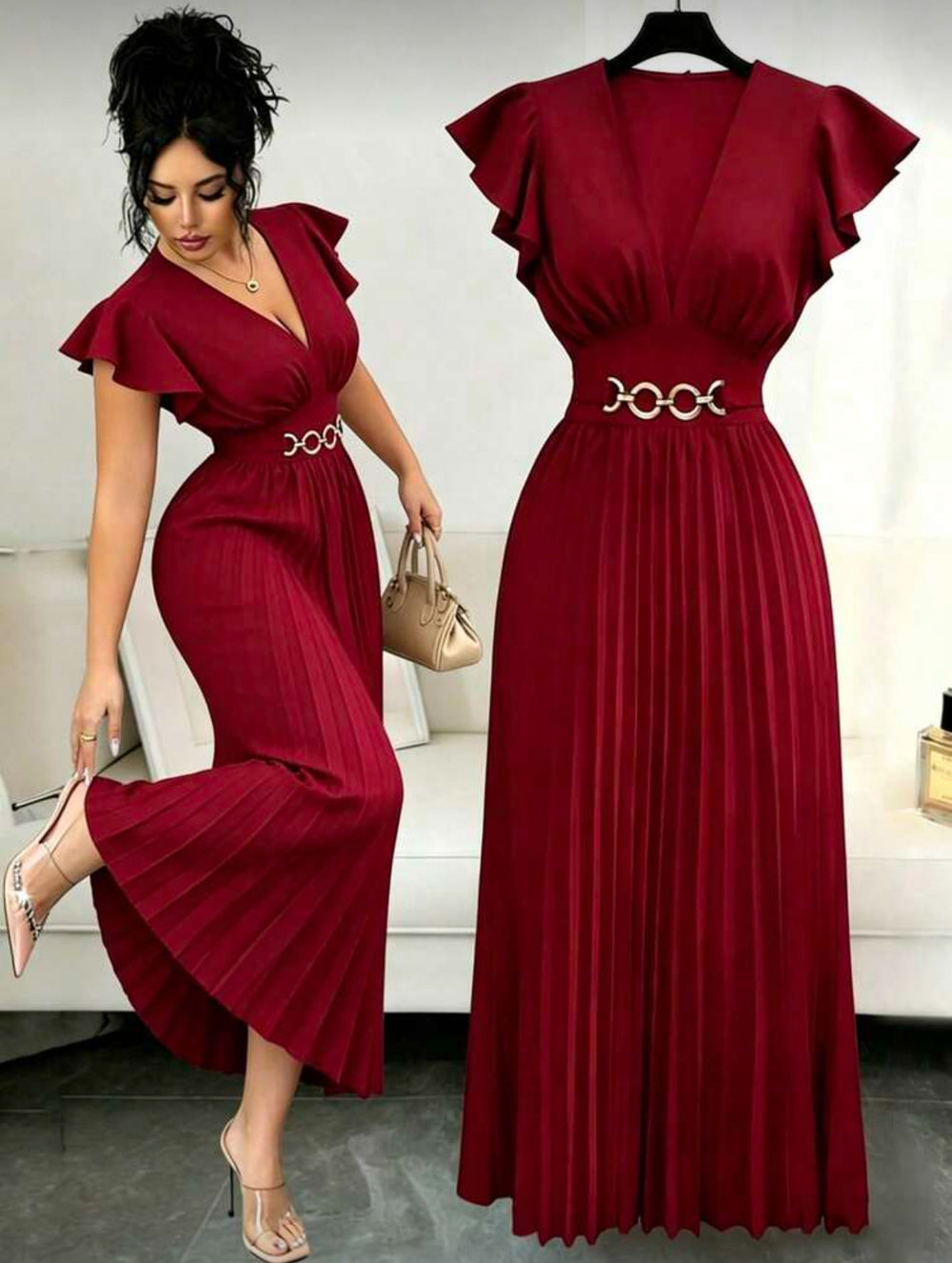 new v-neck ruffle sleeve solid color metallic embellished pleated design elegant long dress