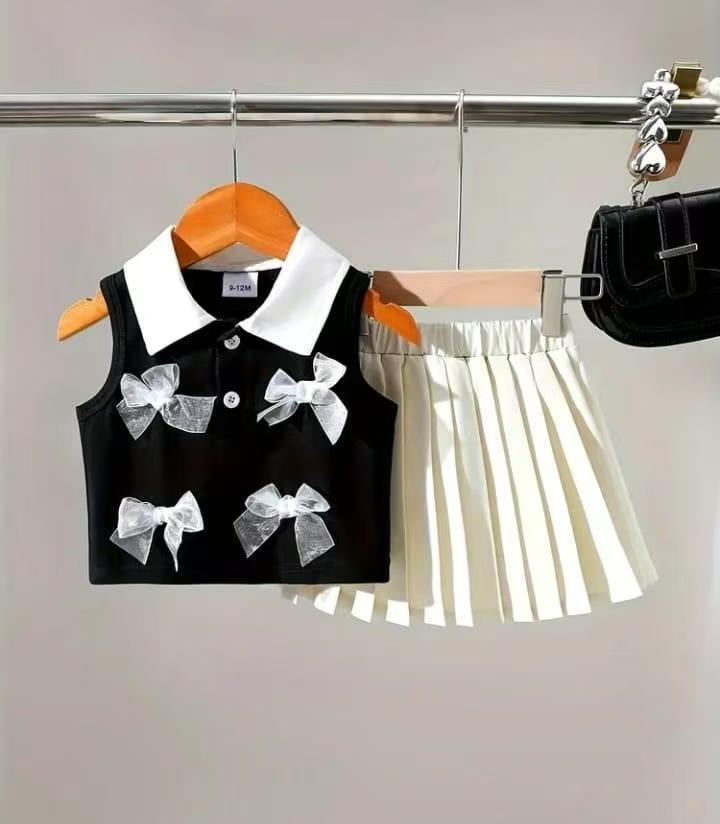 cross-border hot seller: girls' color block polo tank top and pleated skirt set with 3d bow two-piece outfit