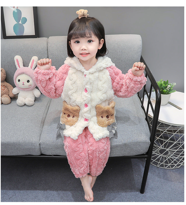 Cute boys' and girls' fall/winter fleece-lined thickened coral fleece casual warm pajamas kids' loungewear two-piece set