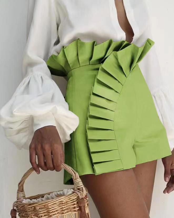fashion new european and american style women's solid color pleated lace design high waist casual shorts