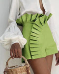 fashion new european and american style women's solid color pleated lace design high waist casual shorts