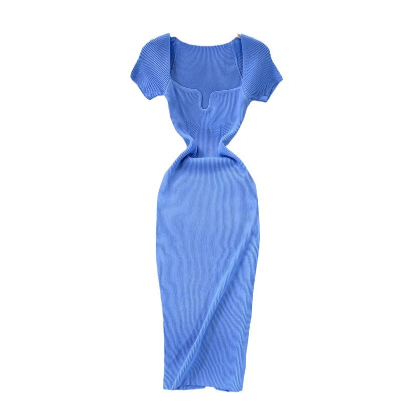 Fitted and slimming square neck knit dress - short sleeve,  summer new arrival, chic and sexy, bodycon maxi dress