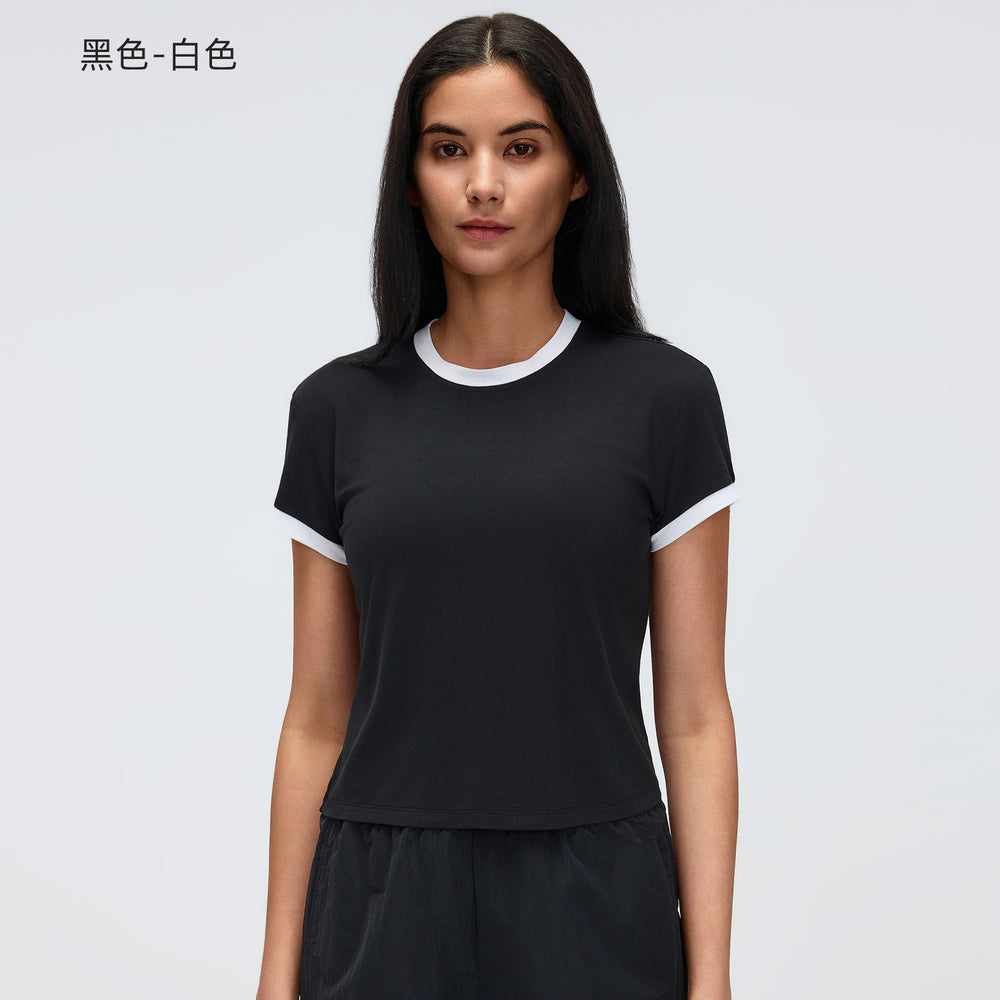 Color block shoulder cropped activewear tee - women's summer solid color crew neck sports yoga top d26053