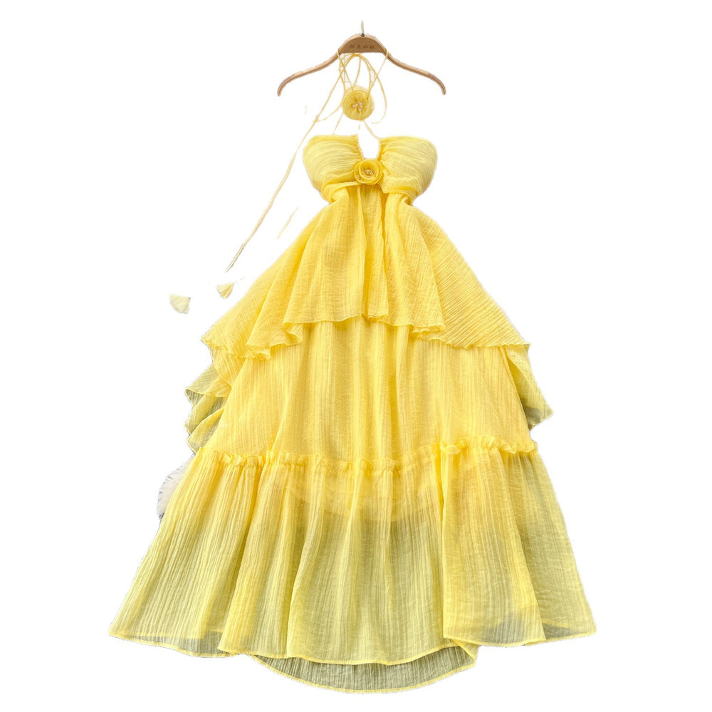 Beach vacation dress for women, atmospheric cut out, breast-revealing halter suspender, stereo flower, asymmetrical fairy long skirt