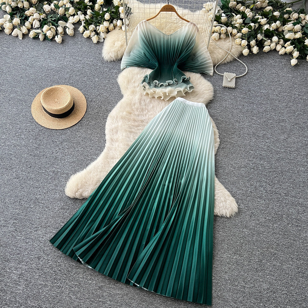 Dopamine dress gradient color pleated silmsuit women's summer waist slimming lookcardigan pleated skirt two-piece set work clothing
