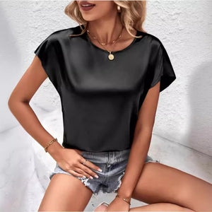 summer new arrival: women's solid color casual top - batwing sleeve satin round neck faux silk blouse