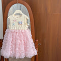 Girls' chanel-inspired dress,  summer sweet tiered dress, kids' mesh sweet tank dress, puffy skirt trend