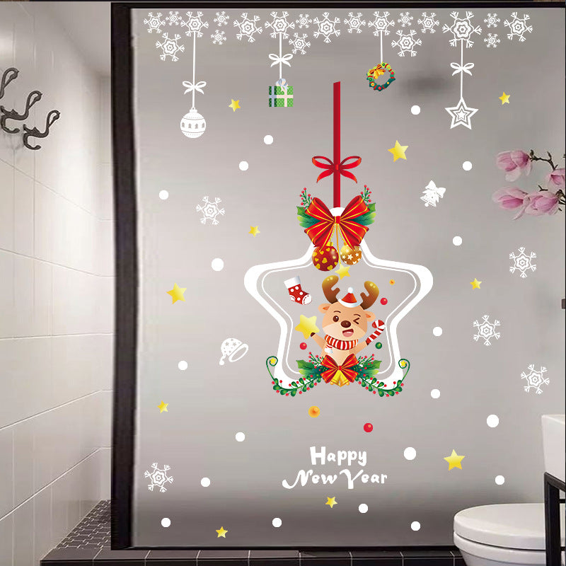 Christmas decoration glass door sticker window scene arrangement Christmas elk snowflake star hanging ring No glue static sticker
