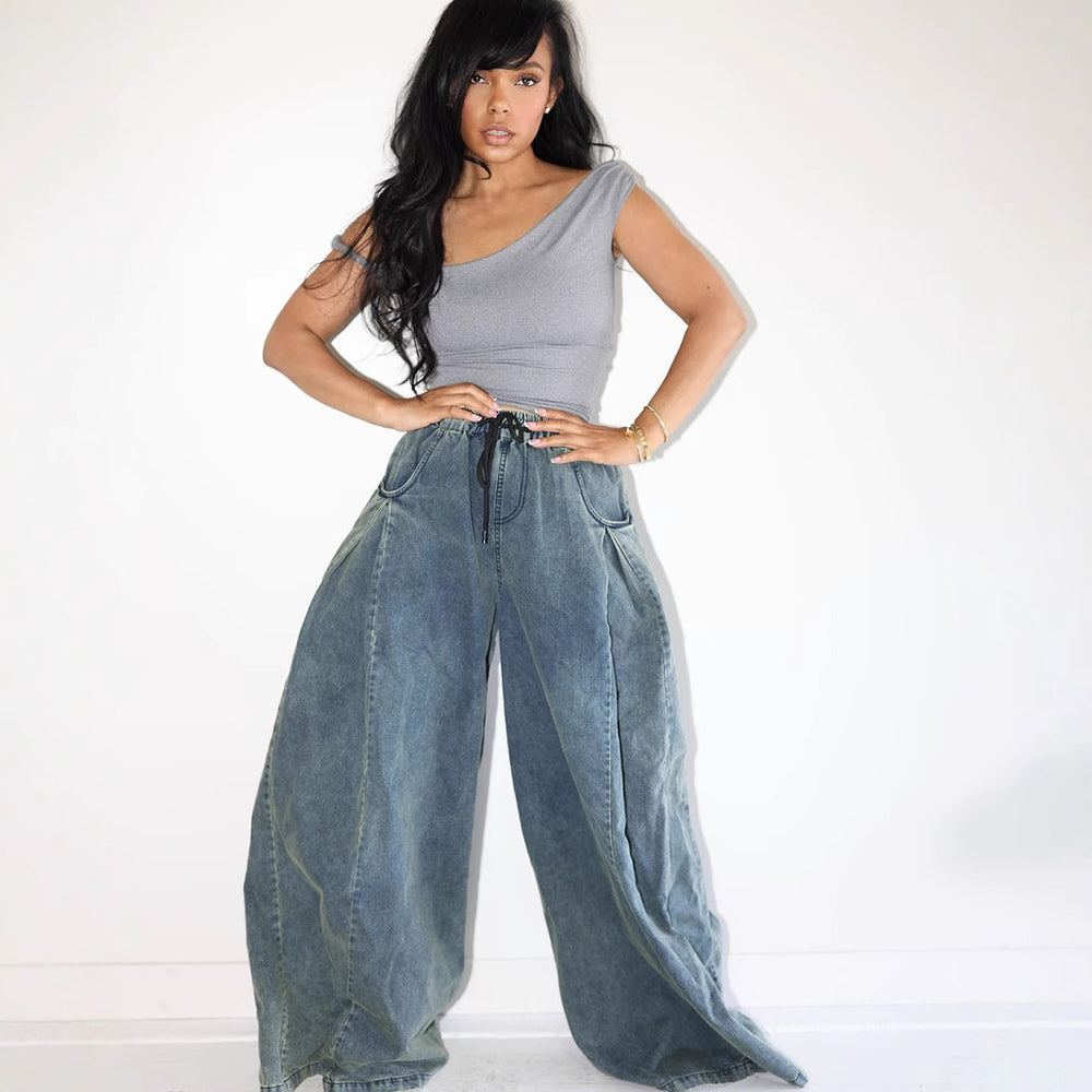 European and american style women's casual jeans -  cross-border fashion - streetwear elastic waist drawstring loose straight-leg pants