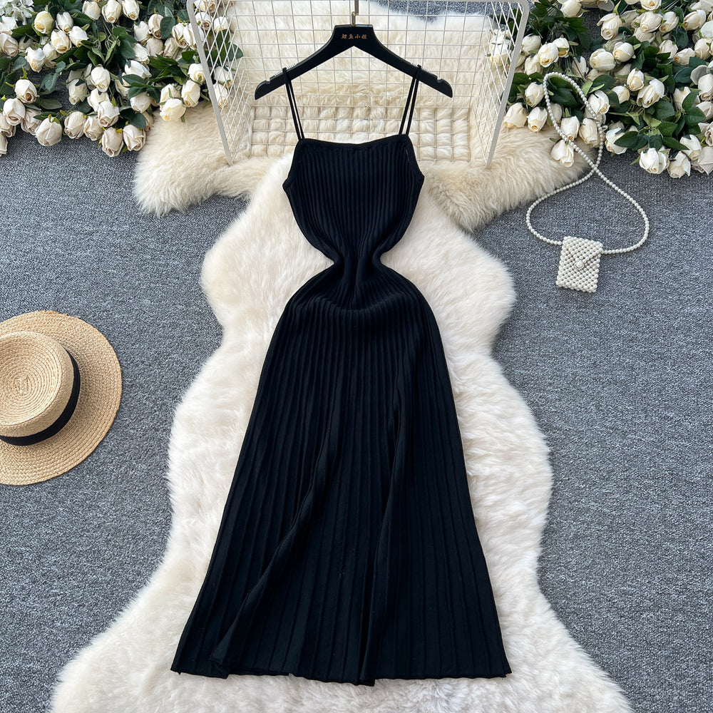 Women's summer dress  new arrival: elegant and chic spaghetti strap knit dress with vertical stripes - slimming, waist-defining, and perfect for layering