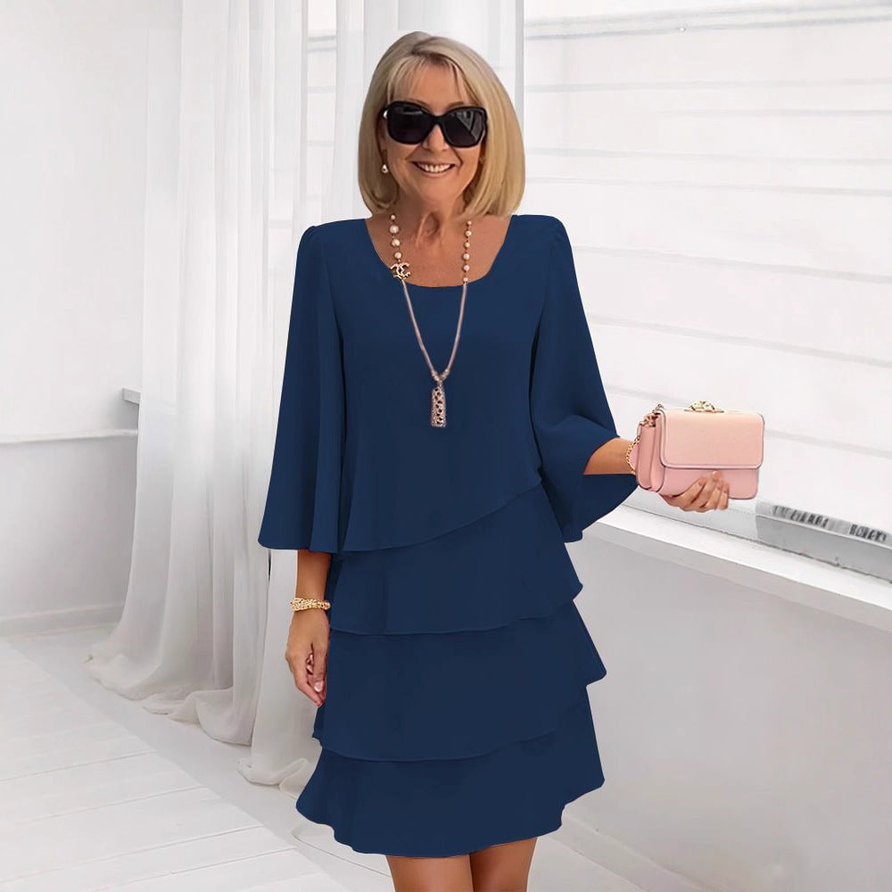 2025 new amazon foreign trade spring/summer fashion cake dress women's elegant loose slimming round neck dress