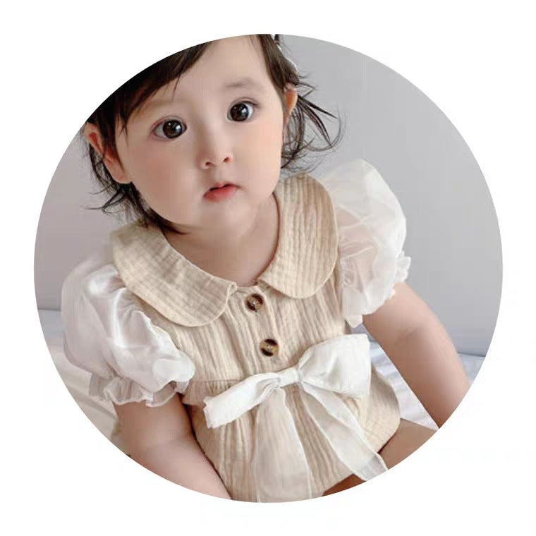 Summer gauze breathable bubble sleeve mesh bodysuit outfit with headband - fresh & chic short sleeve