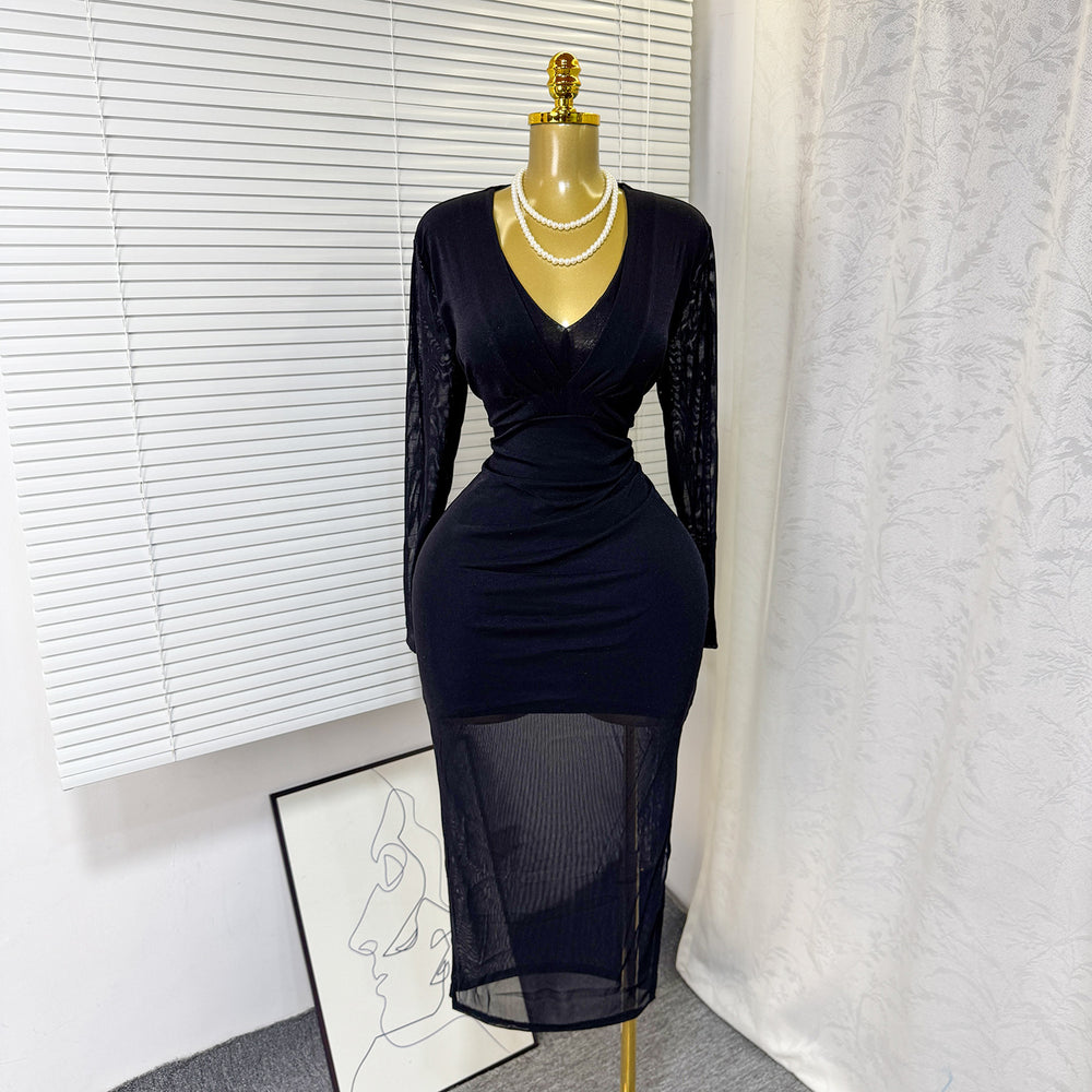 European and american cross-border e-commerce spring/autumn new v-neck stretch mesh bodycon sexy solid color midi dress