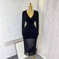 European and american cross-border e-commerce spring/autumn new v-neck stretch mesh bodycon sexy solid color midi dress