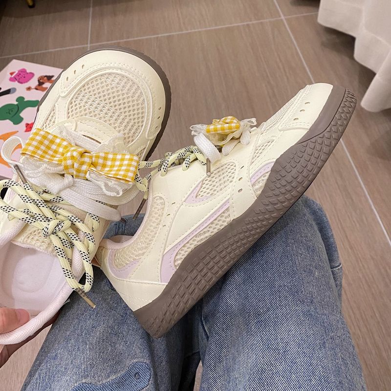 Summer mesh breathable casual shoes 2026 new versatile niche sports shoes chunky sole bowknot white sneakers for women