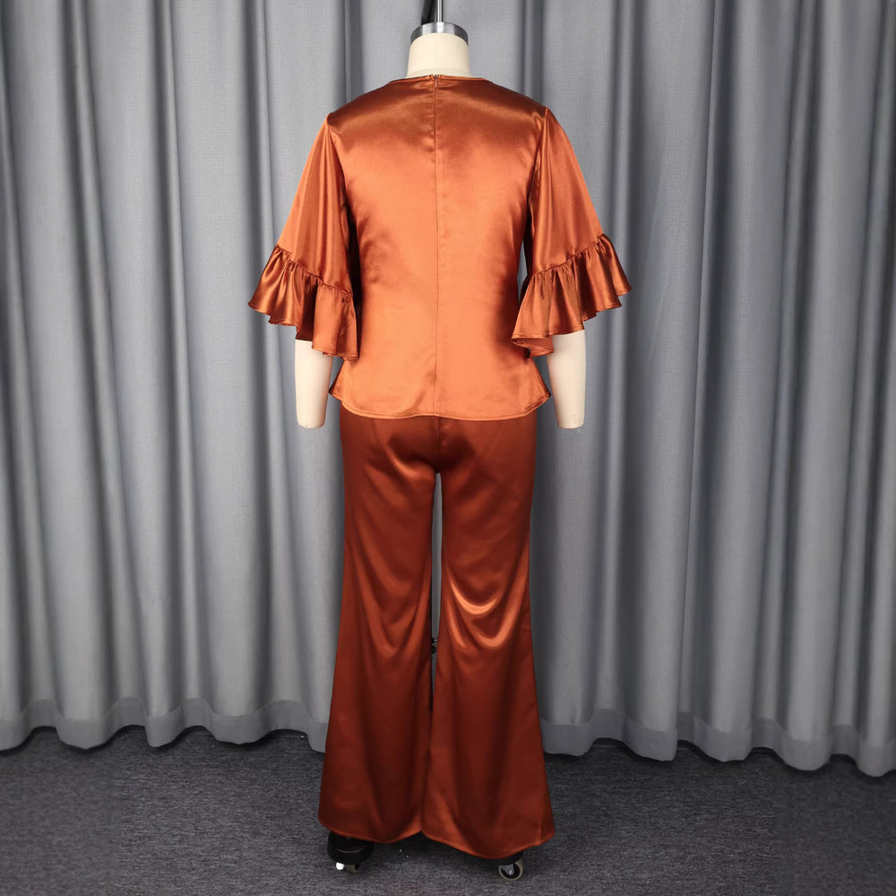 satin bell sleeves casualtwo-piece set elegantwork clothingpure color waist topsloose pantssuitpants
