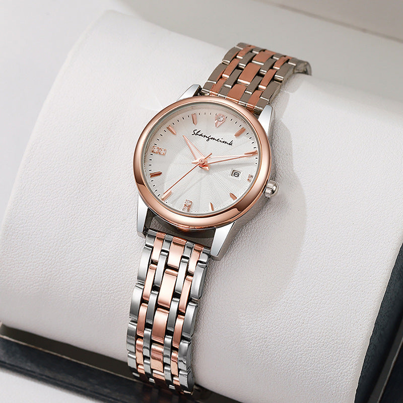 New classic waterproof calendar quartz watch for women - minimalist korean style, trendy diamond-accented, elegant stainless steel band