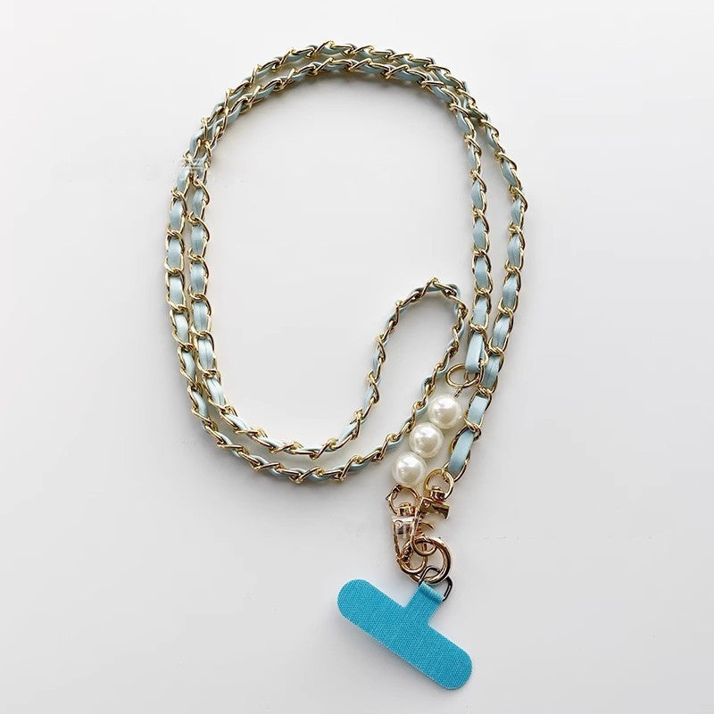 Mobile phone lanyard small fragrant pearl pickup chain long crossbody mobile phone hanging chain metal leather pendant bag chain